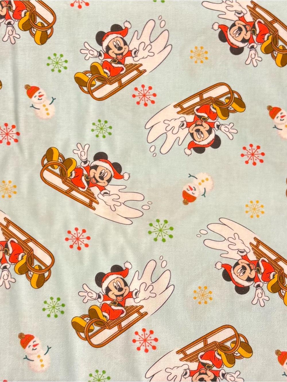 Fabric Disney Light Blue Mickey Mouse Holiday Sledding 3 Yards Long 44/45” New